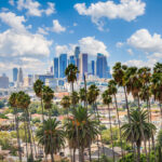 Beautiful cloudy day of Los Angeles downtown skyline and palm trees in foreground