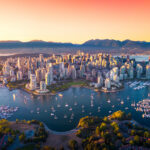 Beautiful aerial view of downtown Vancouver skyline, British Columbia, Canada at sunset